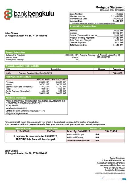 Download Indonesia Bank Bengkulu mortgage statement Word and PDF template Photoshop template